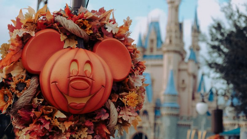 A Halloween-themed shot of Cinderella's Castle in Magic Kingdom, Disney World.